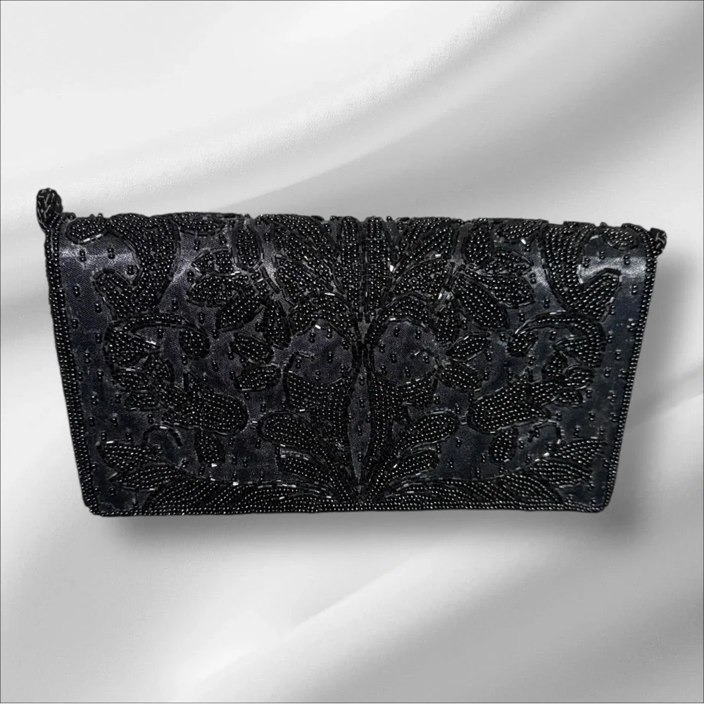 Vintage Valerie Stevens EUC Black Bead Satin Evening Bag Clutch - Picture 6 of 7